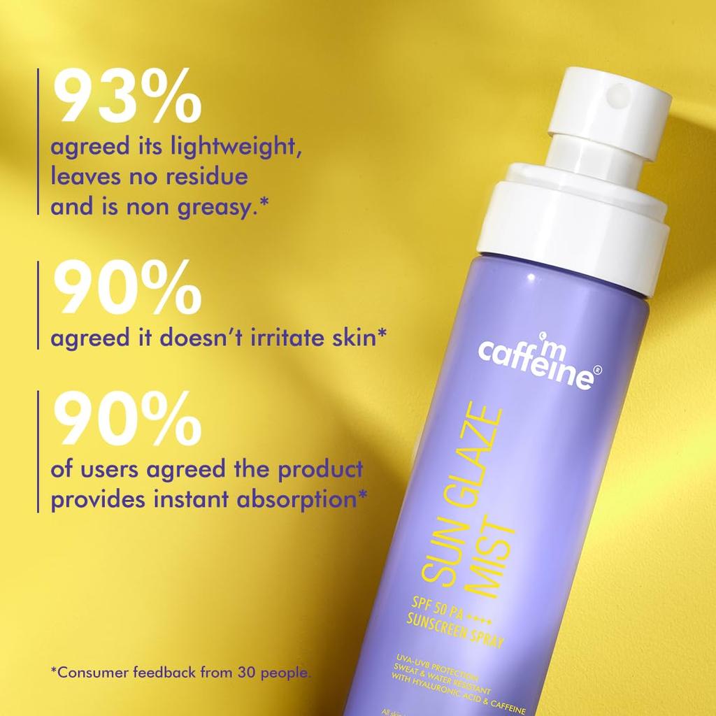 mCaffeine Sun Glaze Mist SPF 50 PA++++ Face Sunscreen Spray 100 ml Lightweight No White Cast Quick Reapply Over Makeup