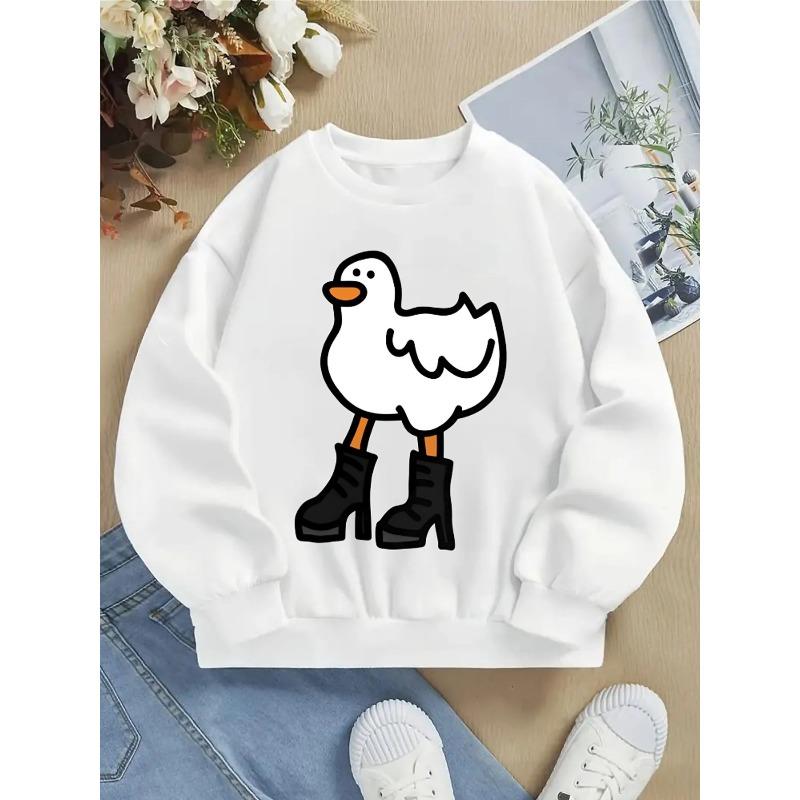European sizes Kids' Crewneck Sweatshirt - Duck Wearing Boots Pattern Print , Sportswear And Casual Wear, Soft And Comfortable, Children's Clothing