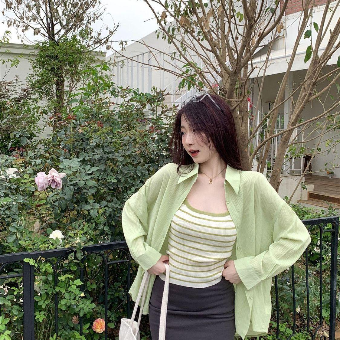 Korean Style Light Blue Striped Knit Camisole - Trendy Summer Sleeveless Slimming Top Small