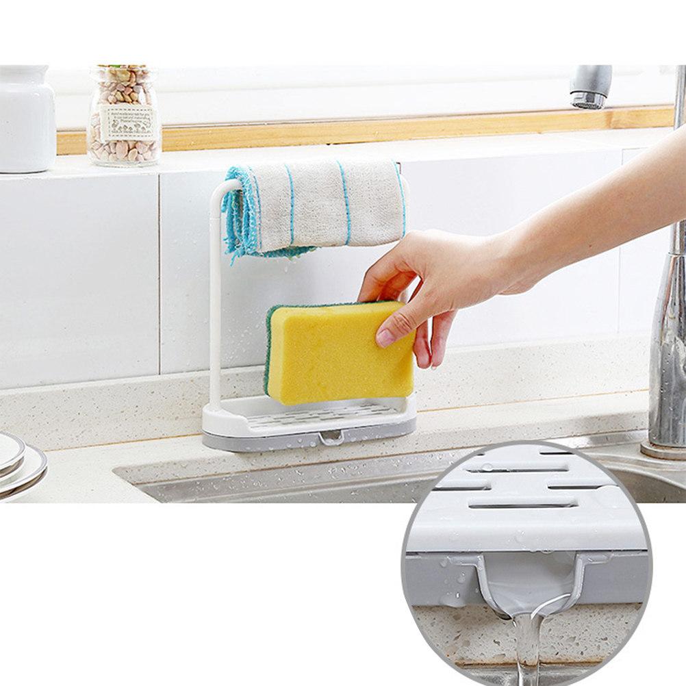 Plastic Countertop Dishcloth Drying Rack with U-Shaped Towel Bar Slotted Soap Plate Side Drain Spout Easy Clean Beige Kitchen