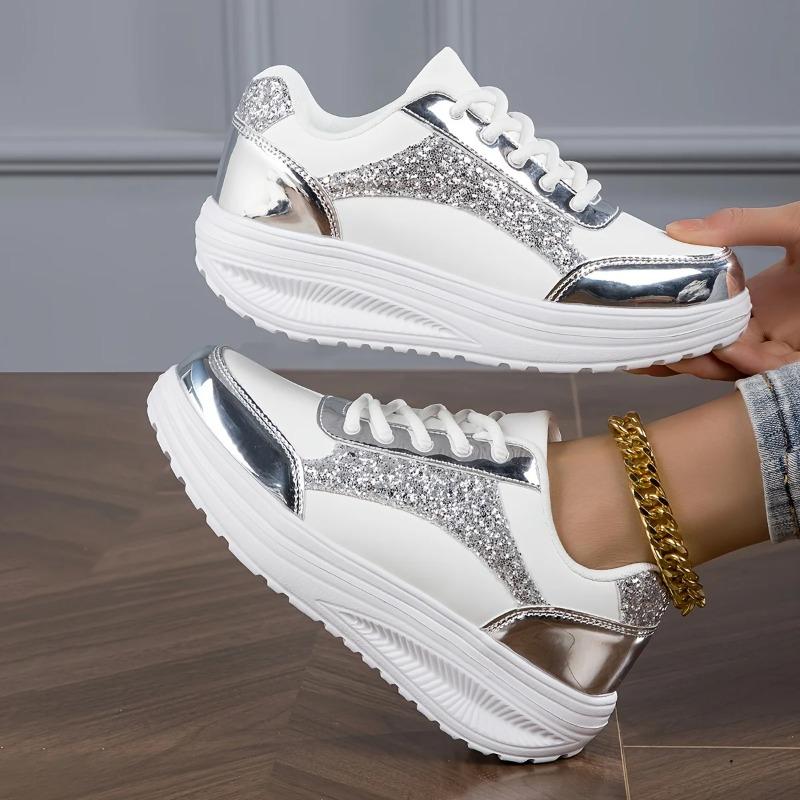 Women'S Pure Color Sequins Sneaker Lace-Up Platform Sequined Decorative Walking Rock Shoes High Top Sneakers Sneaker