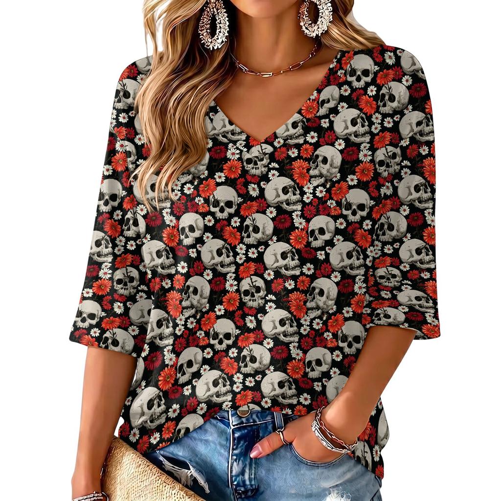 Women's V-Neck Halloween Print Lightweight Top for Spring and Summer