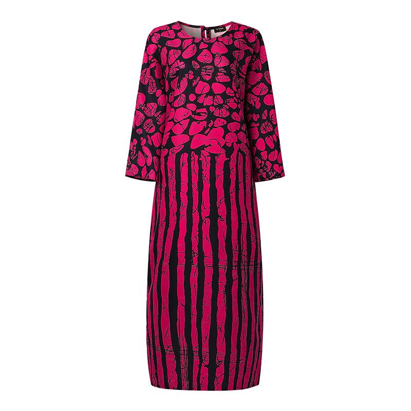 L-5XL Women Long Sleeve Striped Print Patchwork Casual Baggy Maxi Kaftan Dress