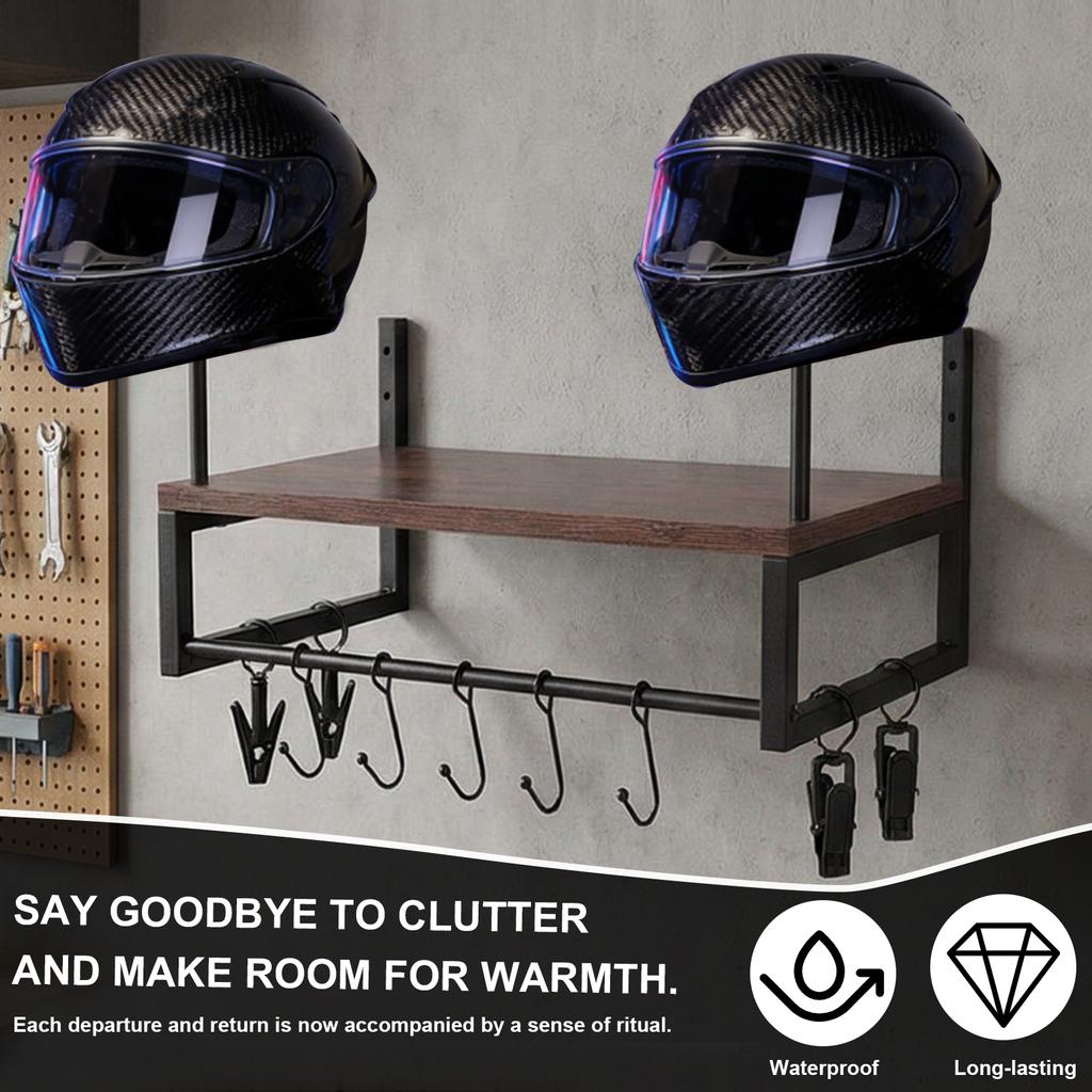 Wooden Helmets Hanger with Hooks Retro Moto Gear Storage Rack Wall Mounted Metal Helmets Stand Motorcycle Accesories Organizer