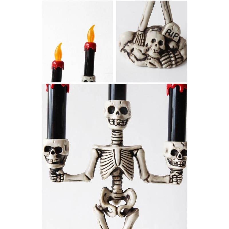 Skull Candelabra Halloween Decoration Skeleton Candlestick with Flameless Candle LED Light for Mantels Tabletop Porch