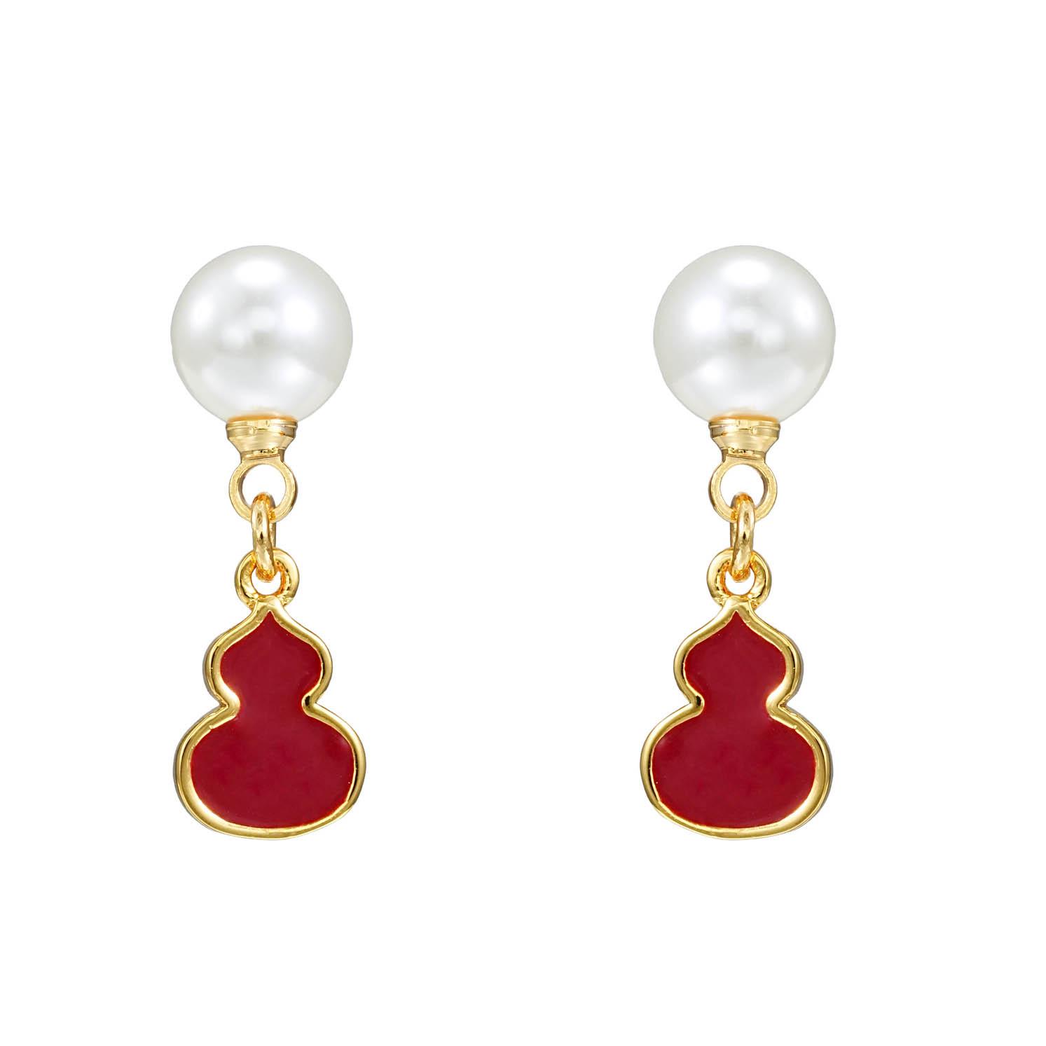 Exquisite Pearl & Enamel Red Gourd Tassel Earrings - Elegant Chinese Style Jewelry Gift