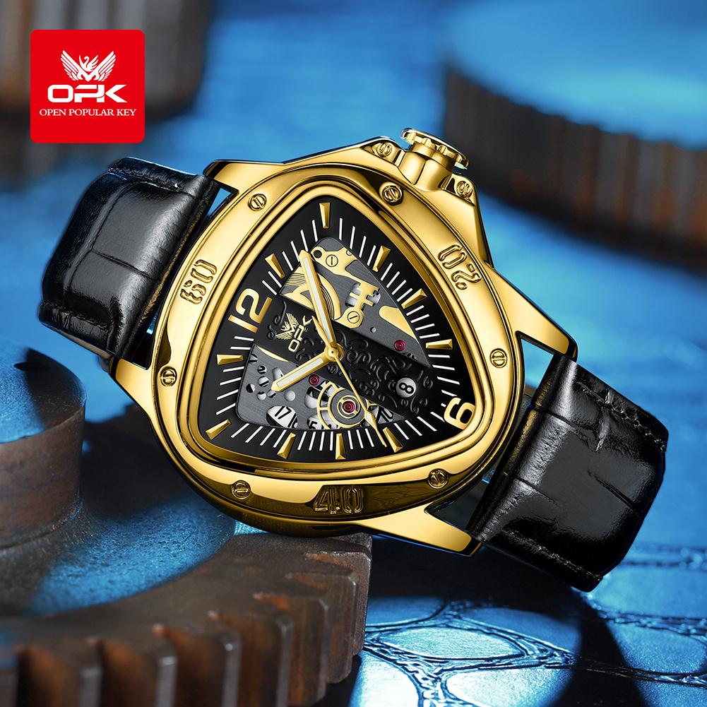 OPK Modny Oryginalny Zegarek Kwarcowy Dla Mężczyzn Luksusowa Trójkątna Tarcza Wodoodporny Luminescencyjny Skórzany Zegarek Dla Biznesmena