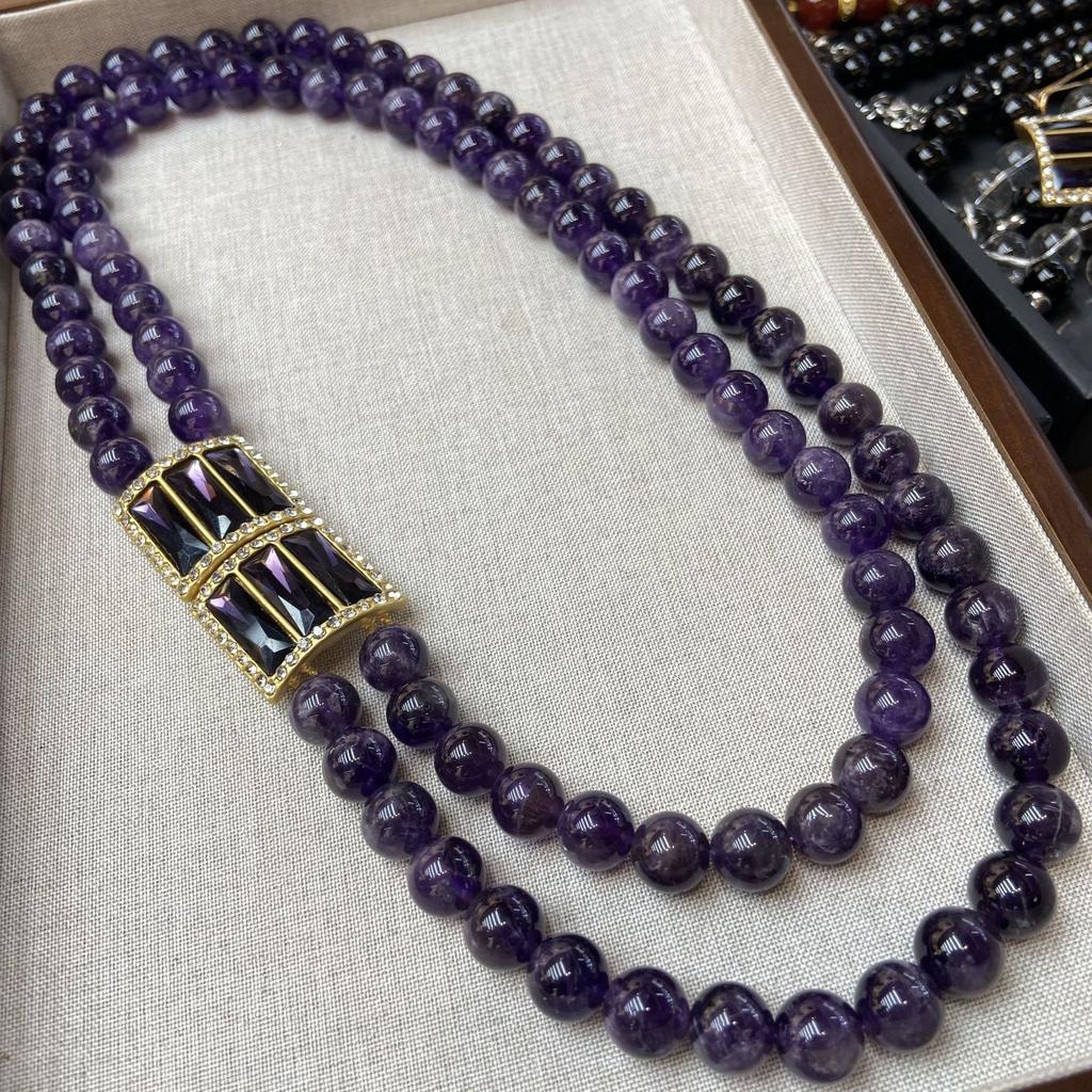 Elegant Double-Layer Agate Beaded Long Necklace Sweater Chain High-Quality Natural Amethyst Diamond Stud Earrings Set