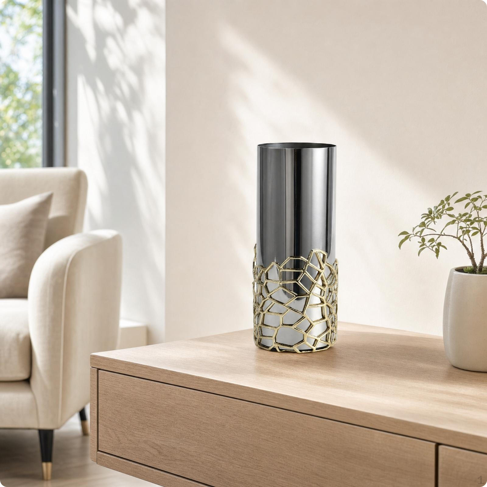 Cylindrical Vase MirrorPolished Metal SilverToned for Living Room, Entryway, Dining Table