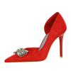 Fashion Elegant Banquet High Heels Thin Heels Shallow Mouth Pointed Toe Metal Buckle Velvet Side Empty Super High Heels Single Shoes