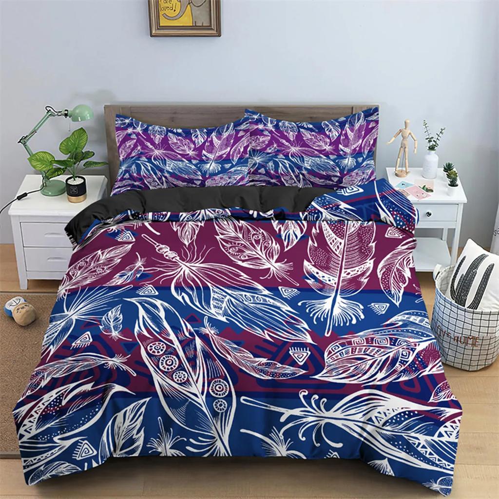 Dark Blue Peacock Feather Duvet Cover Feather Elegant Theme Chic Floral Quilt Cover For Women Teen Boys Girls Bedroom Decoration