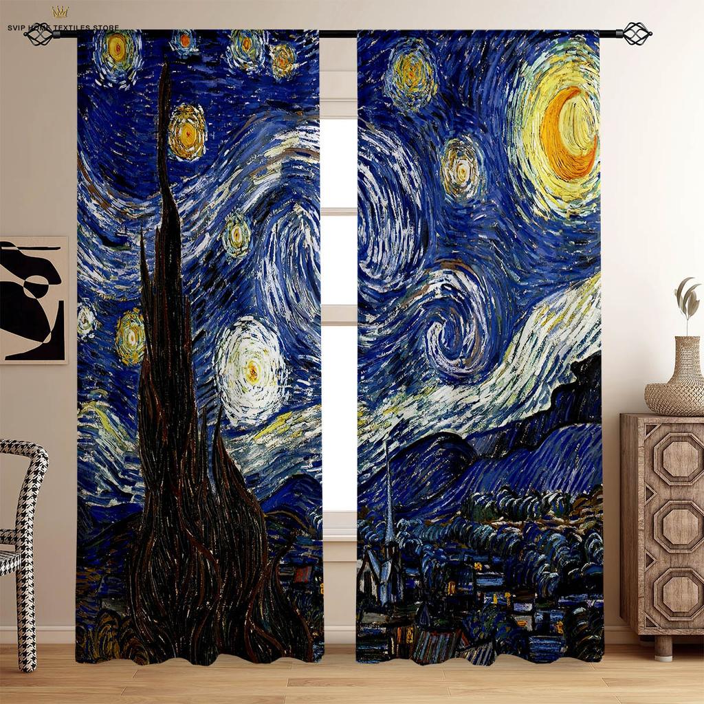 Starry Sky Floral Printed Curtains, Oil Painting, Suitable for Bedroom, Living Room, Dormitory, Decorative Home Decoration
