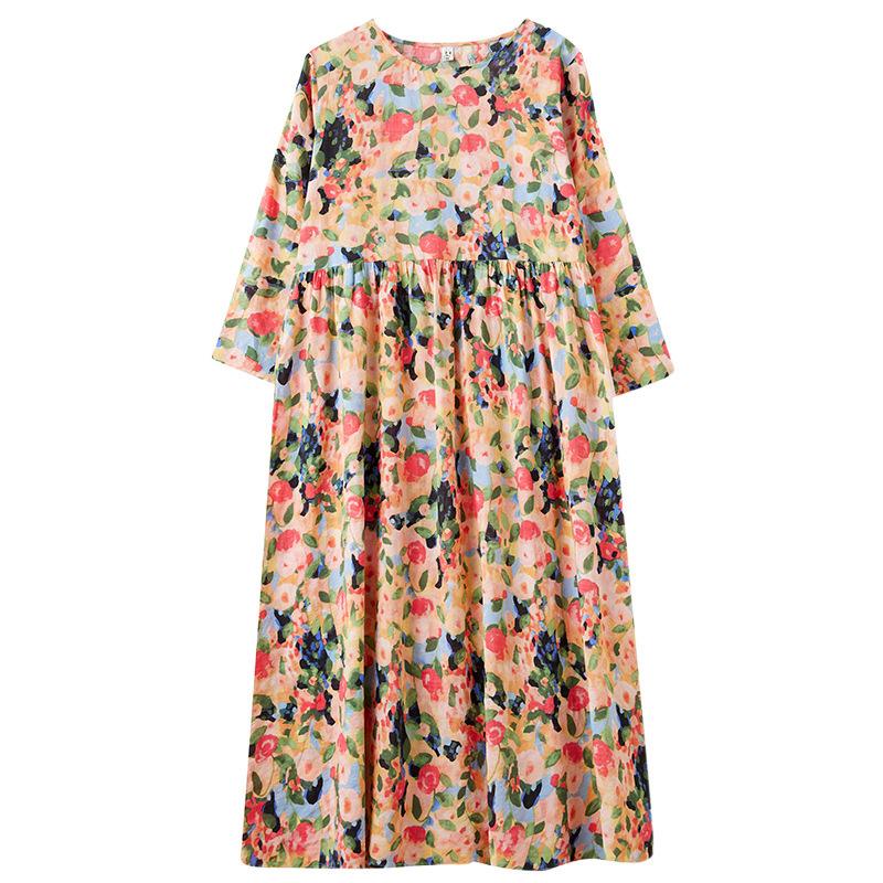 Rochie de vară cu mâneci lungi, stil floral de vacanță, stil de călătorie, guler rotund, casual, retro, cu acoperire de carne, pentru femei