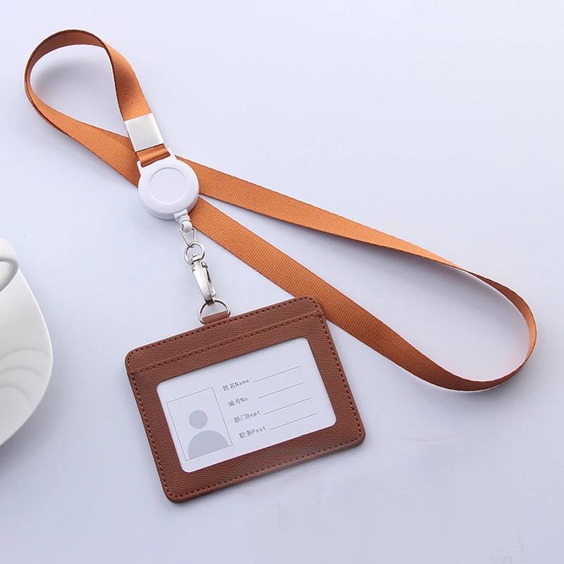 Retractable Lanyards ID Badge Holder Leather Bank Bus Pass Card Case Cover Men Women's Bank Credit Card Holder Strap Cardholder