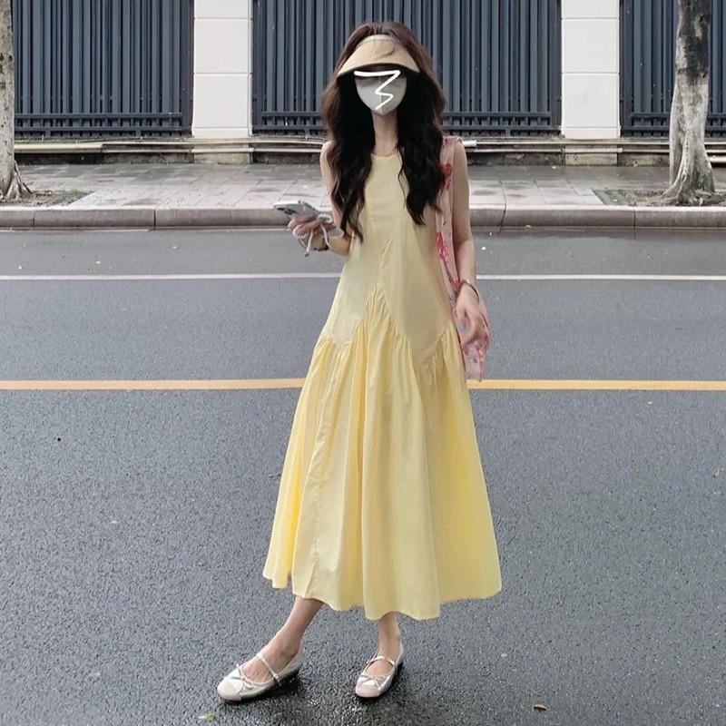 French Temperament Sleeveless Vest Dress Light Yellow Women's Summer Dopamine Sweet Age-reducing A-word Long Skirt