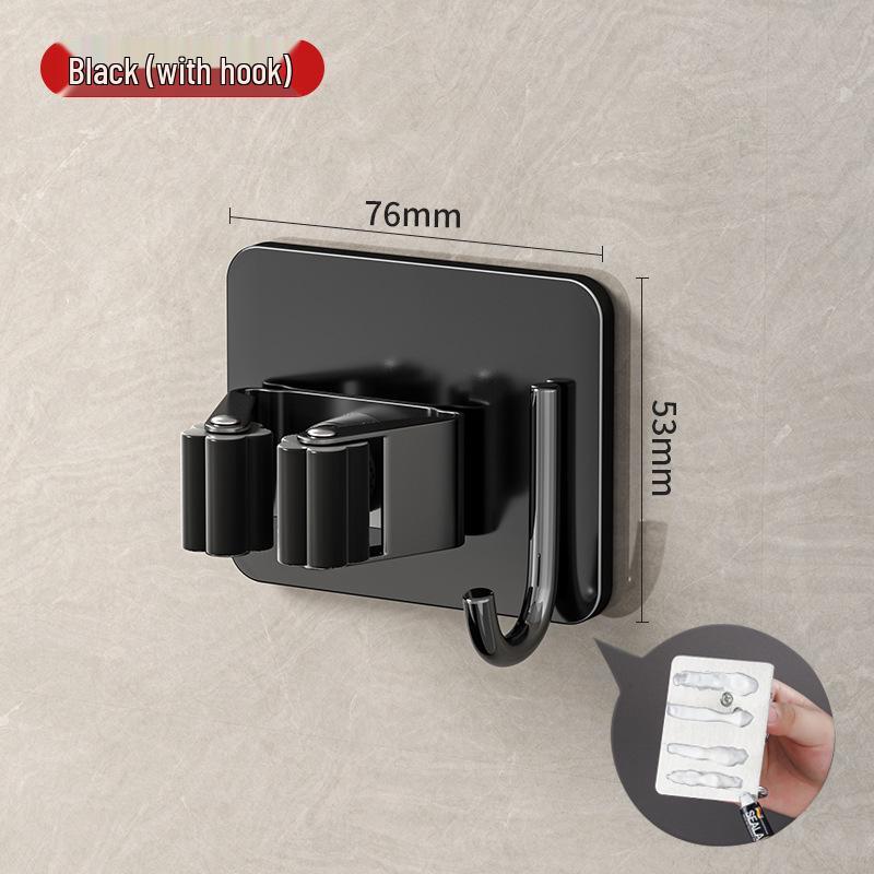Stainless Steel No-Drill Mop & Broom Holder with Hooks - Wall-Mounted, Strong Adhesive Storage Clip