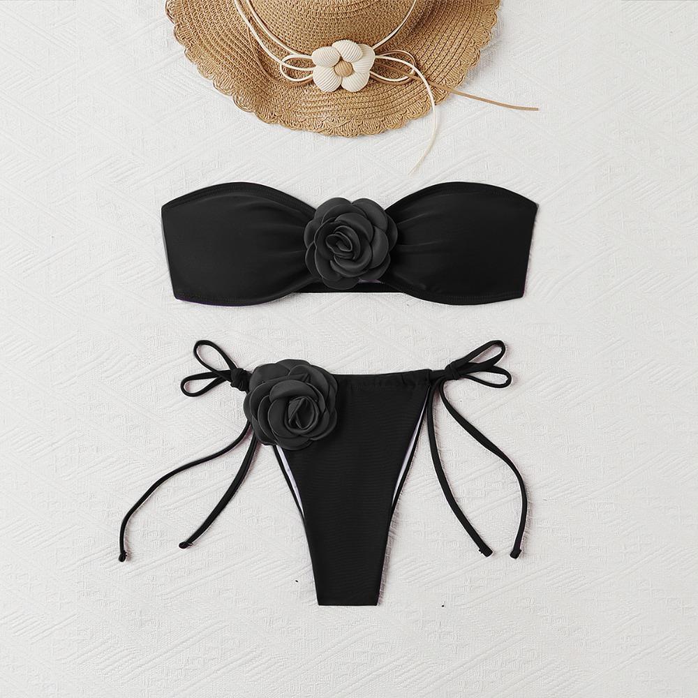 European and American Solid Color Rose Tube Top Bikini Drawstring Strap Split Swimsuit