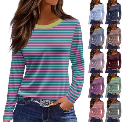 Women's Fashion Casual Slit Hem Round Neck Long Sleeve Loose  Printed T-Shirt Ladies Top