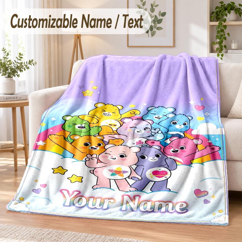 Care Bears Custom Name Flannel Throw Blanket Soft Warm for Sofa Bed Indoor Home Use