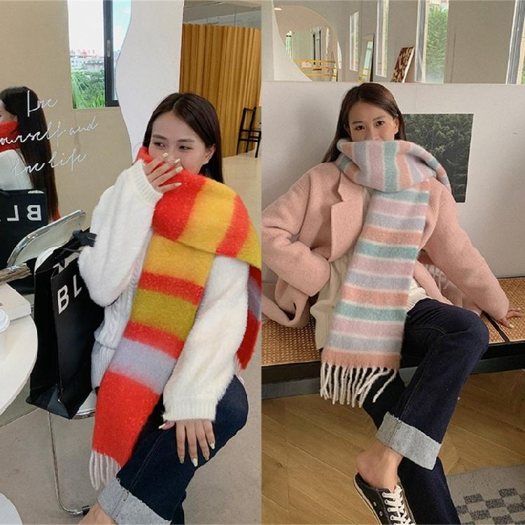 Adult Women Warm Scarf Thicken Rainbow Long Scarf Soft CashmereFeel Shawl Scarf