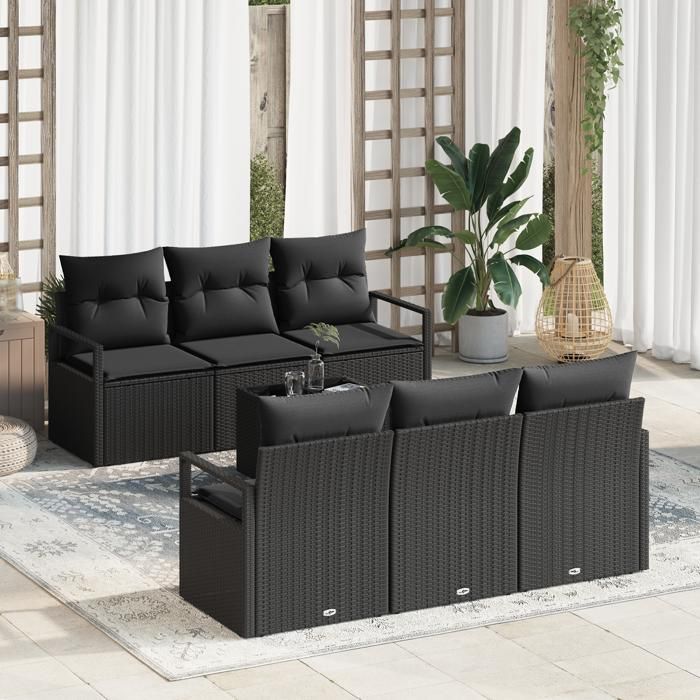 Ensemble de Canapé de Jardin de 7 pièces avec Coussins Noir Poly Rattan, Canapé de Jardin de 2 Places avec Rangement et 3354942