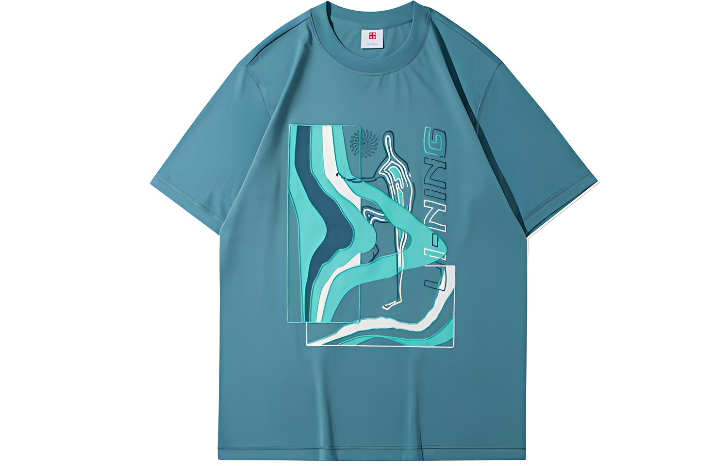 Li Ning T Shirts Men s Lake Blue Crew Neck Moderate Straight Fit AHSR355-3 M