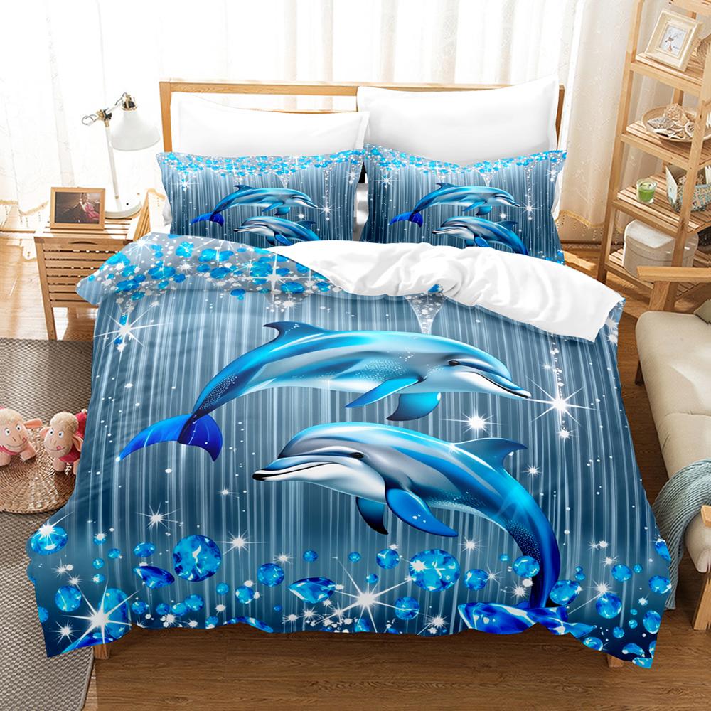 

3pcs Blue Single Twin Full Size Bedding Sets 3D Printed Seaworld Animal Gifts For Children Girls Adult Soft Bedroom Duvet Cover US King(264x229cm)
