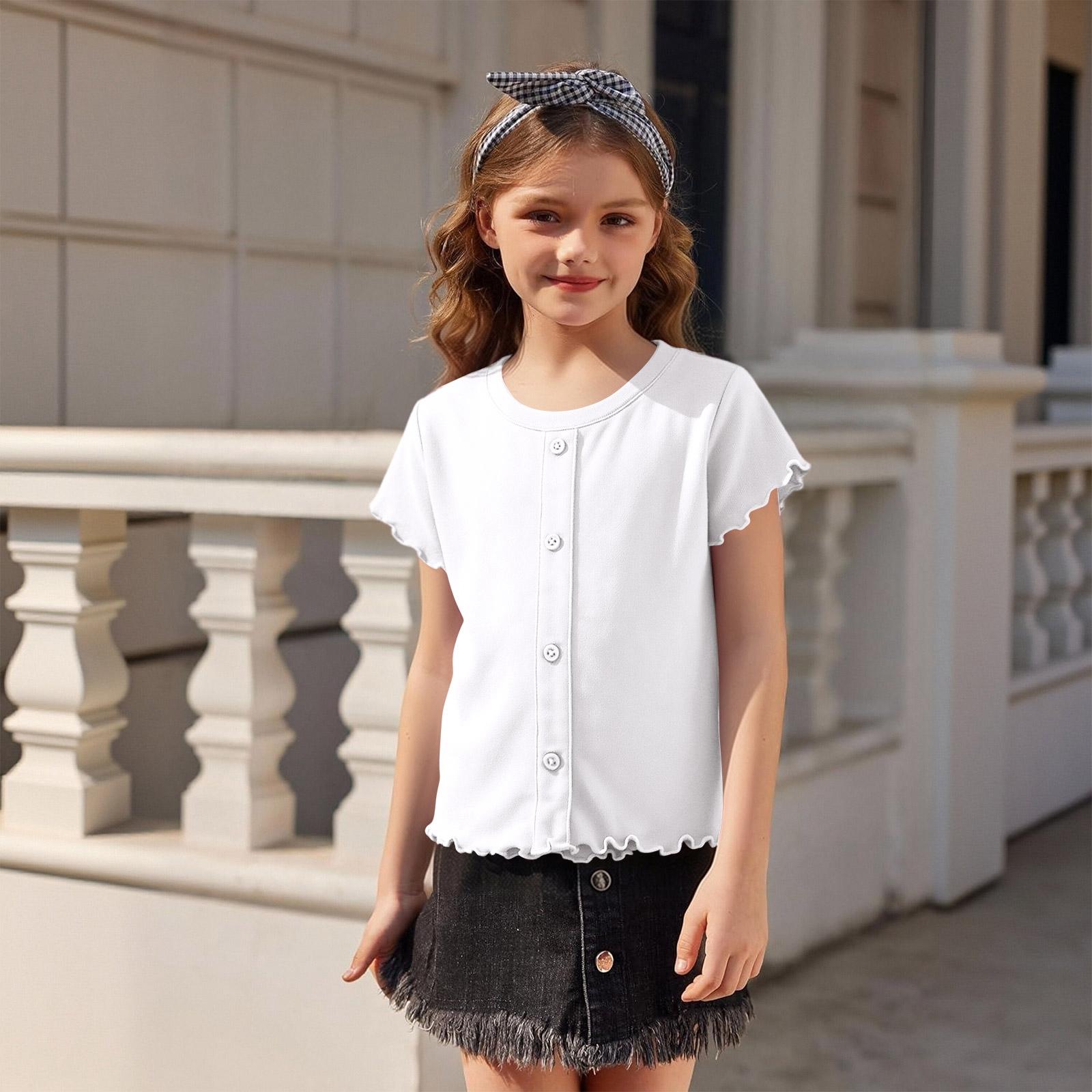 

Модная и повседневная детская футболка с круглым вырезом и короткими рукавами с деревянными пуговицами в форме ушек 110 белый