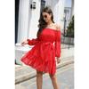 Spring and Autumn Women's Dress Elastic Neck Long Sleeve with Lining and Belt Strapless Dresses