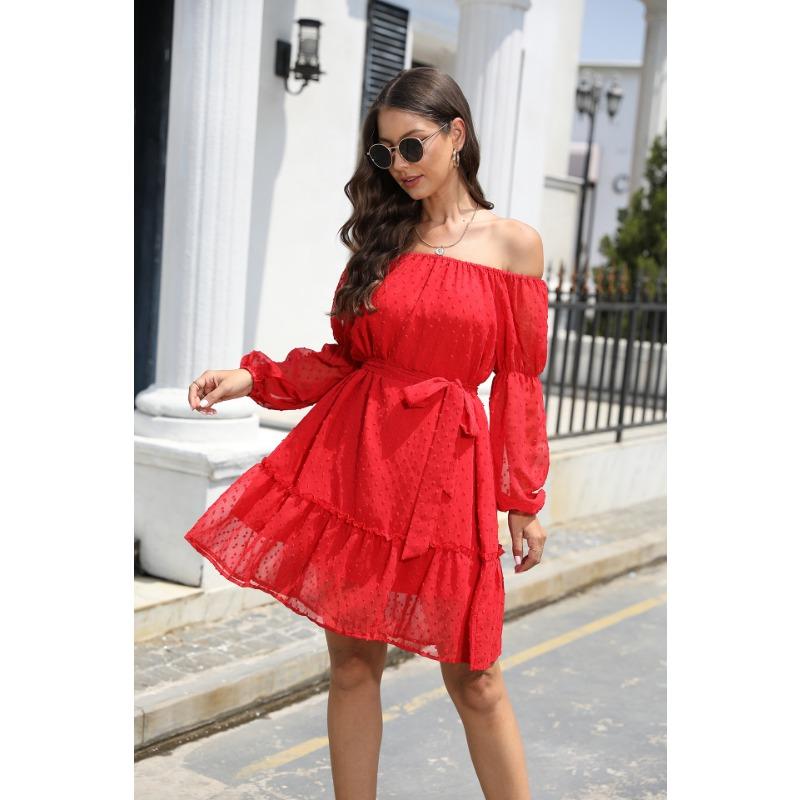 Spring and Autumn Women's Dress Elastic Neck Long Sleeve with Lining and Belt Strapless Dresses