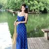 Travel and Vacation Wear Retro Blue Plaid Suspender Dress Design Sense Niche Waist Temperament Long Dress Summer