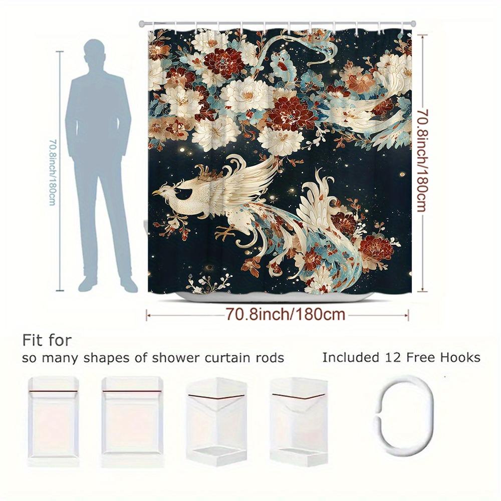 1pc Crane and Floral Pattern Shower Curtain, Comfortable Bathroom Decor, Polyester Fabric with 12 Hooks, 70. 8x70. 8 Inches