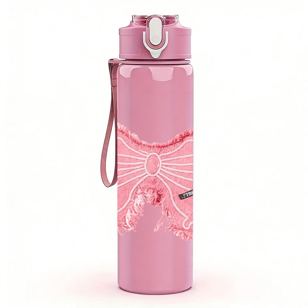 1PC Soft Pink Fabric Bow Ribbon Print 750ml Color Plastic Sports Water Bottle Leakproof Flip Straw Lid Suitable for Sports Office Home Use