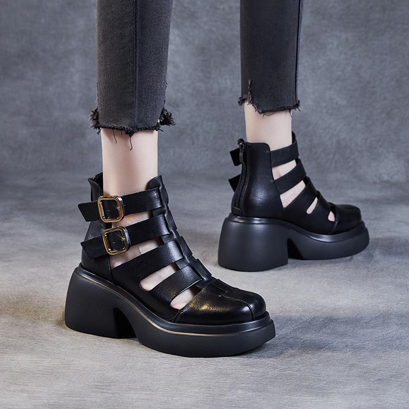 First Layer Cowhide Cool Boots Women's Summer 2025 New Retro Brock Roman Boots Net Boots Platform Sandals Women