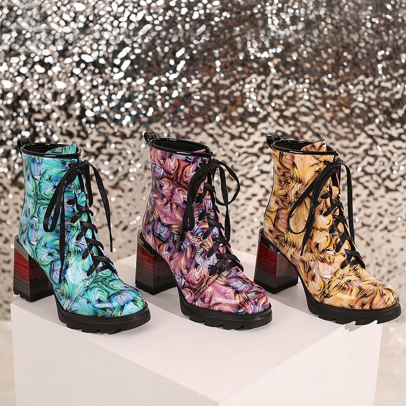 Fashion Printing Women's Ankle Boots  Autumn Winter New Thick High Heels Platform Round Toe Party Shoes Green Yellow Size 44