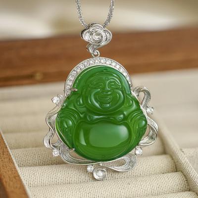 Accessoires Bouddha Gong Pendentif Cuivre Plaqué Or Agate Verte Chalcédoine Verte Bouddha Maitreya Rétro Littéraire Collier Femme