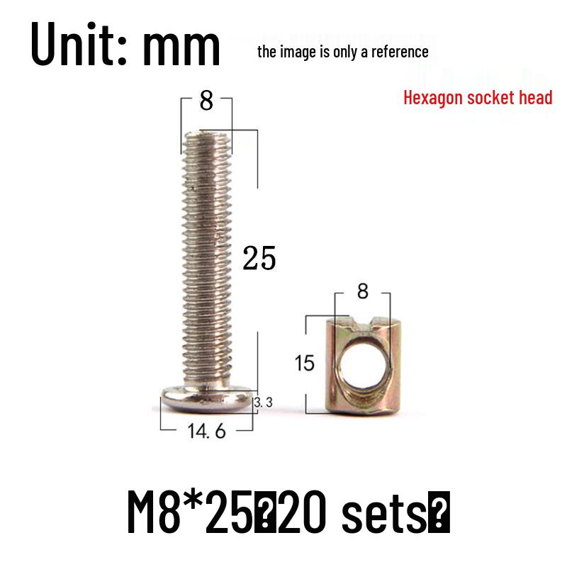 Nickel-Plated Phillips Hex Socket Crib Screw & Nut Set, M6/M8