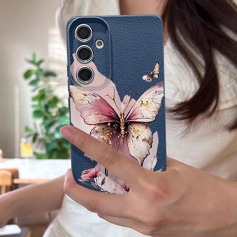 Pink Butterfly Watercolor Pattern Case For Samsung Galaxy A57 A56 A55 A54 5G A37 A36 A35 A34 A26 A25 A17 A16 A15 A14 Leather Texture Silicone Cover