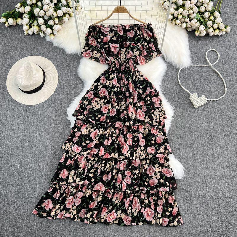 

Off-the-Shoulder French Waist Cake Beach Dress for Seaside Vacation Black One size