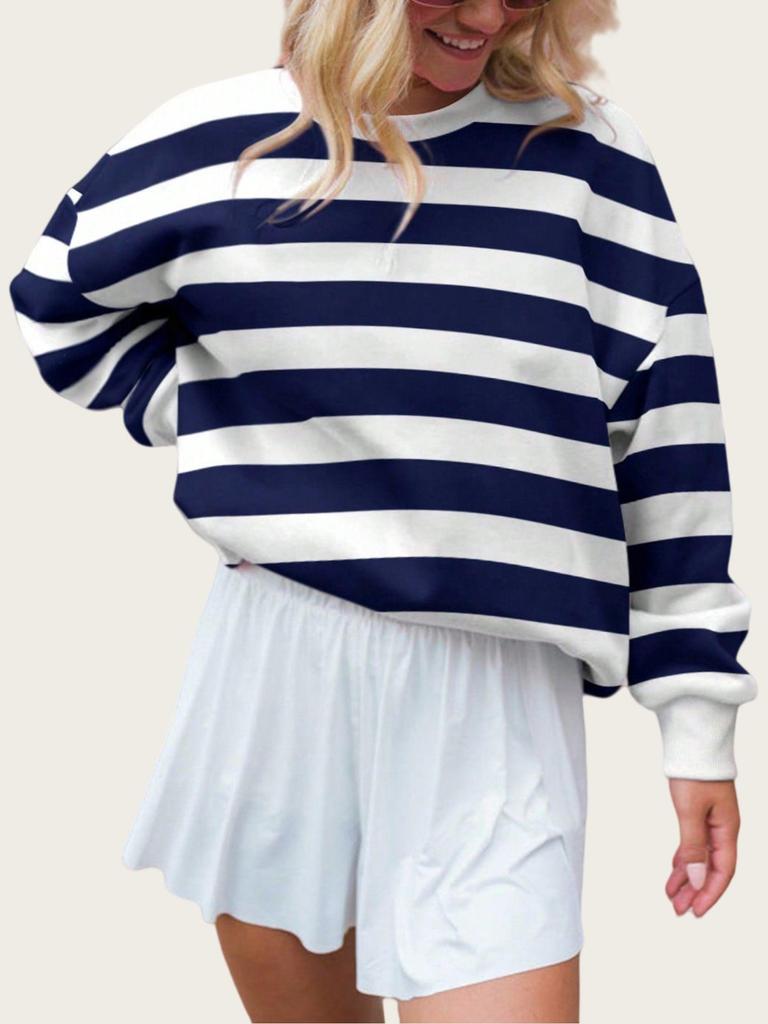 Women's Plus Size Color Block Striped Crew Neck Pullover - Autumn 2025 Collection