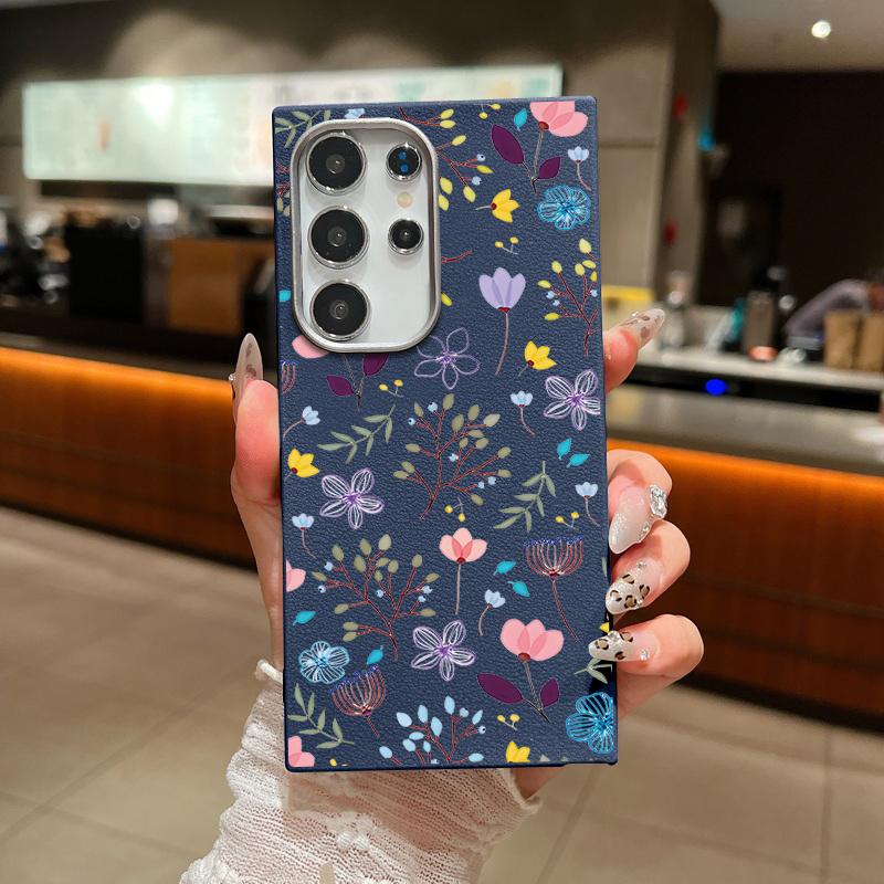 Carcasă pătrată din piele cu textură florală cu model floral pentru Samsung S25 S24 S22 Ultra S23 S21 S20 Fe A55 A54 A53 A52 A35 A15 A16 rezistentă la șocuri moale TPU subțire husă