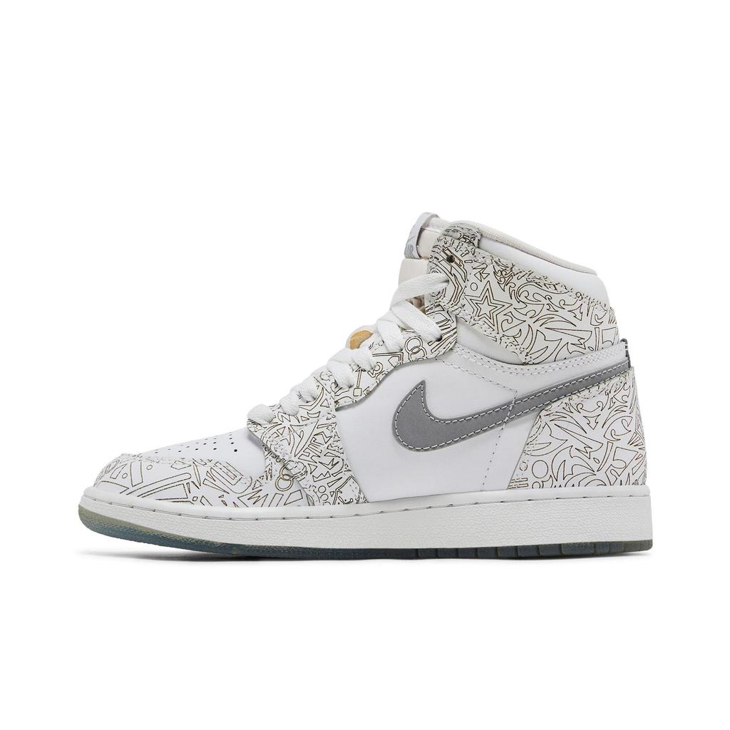 Air Jordan 1 Retro High BG 'Laser' (Unisex) White / Metallic Silver Vintage Basketball Shoes 705290 100