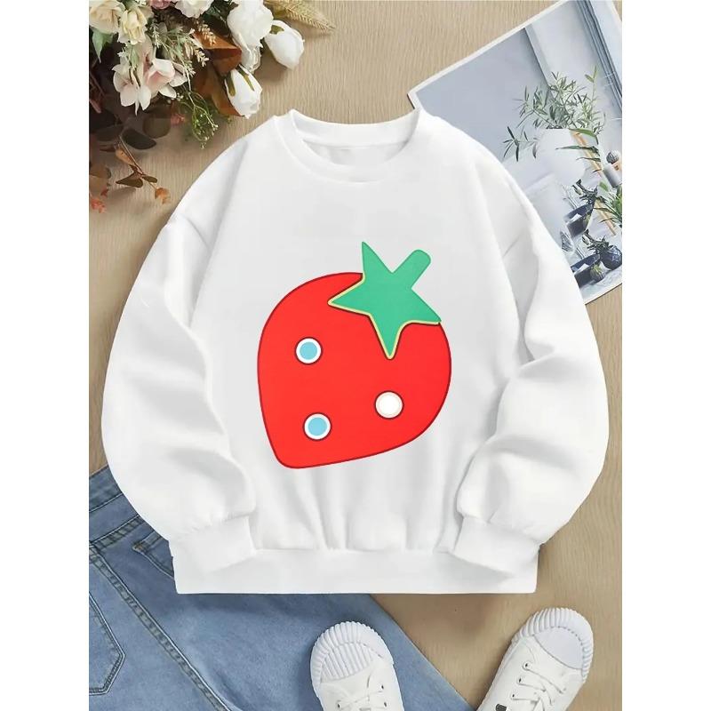 Girls' Crewneck Sweatshirt - Strawberry Shape with Blue Dots And Machine Washable, Spring And Autumn