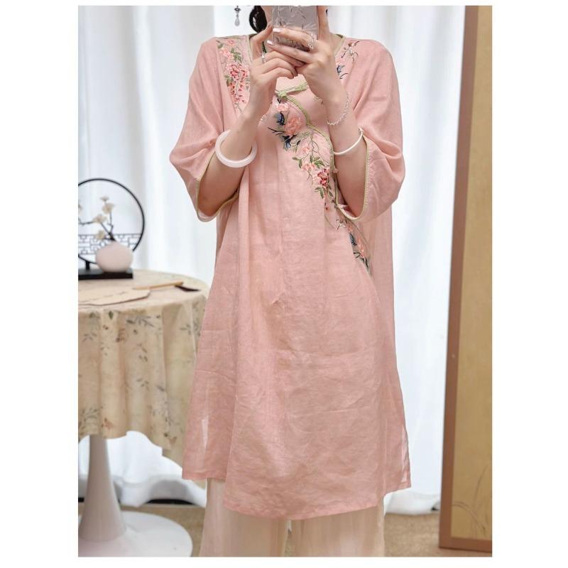 Women New Chinese Style Floral Embroidery Linen Dress Round Collar Frog Button Three-quarter Sleeve Casual Loose Fit Midi Dress