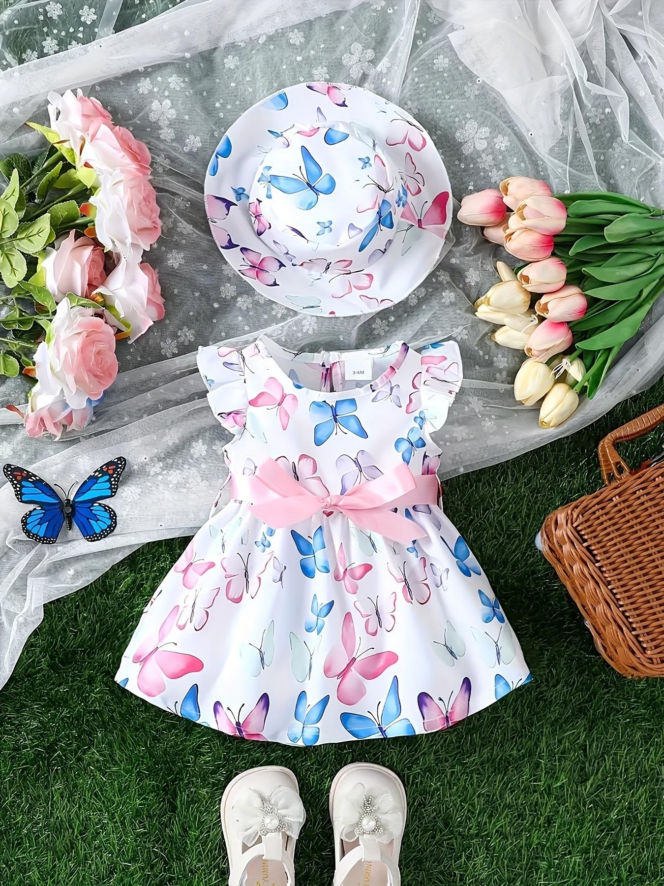 Girls Butterfly Print Flutter Sleeve Dress with Hat Vacation Outfit 6-9M белый