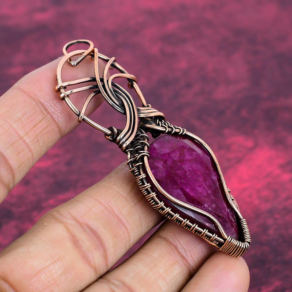 Faceted Kashmir Ruby Real Gemstone Pendant Copper Wire Wrapped Handmade Pendant