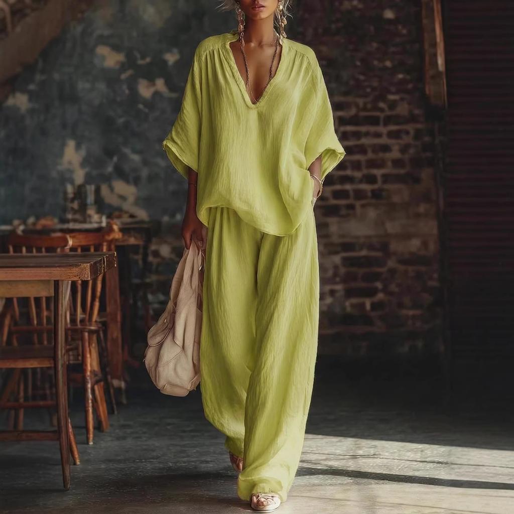 Damen V-Ausschnitt Kurzarm Locker sitzend Zweiteiliges Set Lässig Weite Hosen Outfit Mehrere Farben
