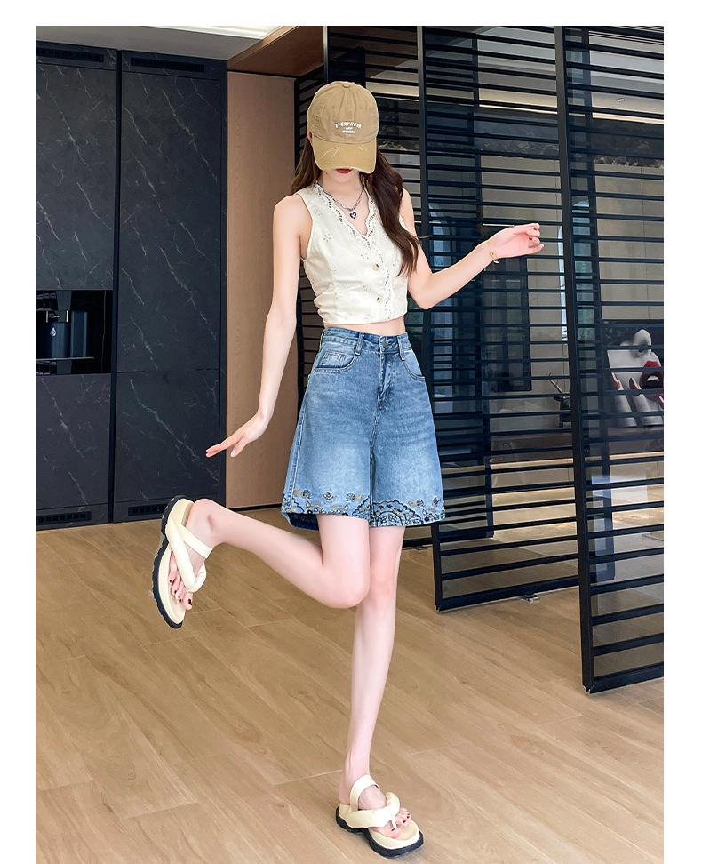 Women's Summer High-Waisted Embroidered Lace A-Line Denim Shorts - Loose Fit, Petite, Wide-Leg, Five-Point Design