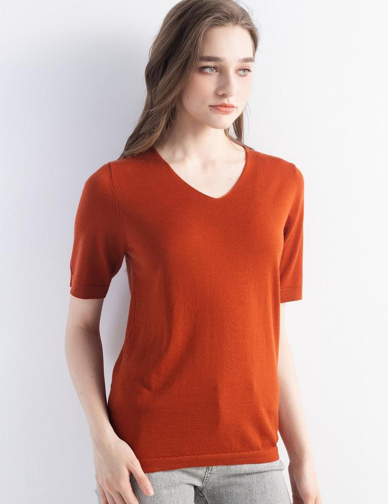 Women's Slim Fit Wool V-Neck Short Sleeve Basic T-Shirt