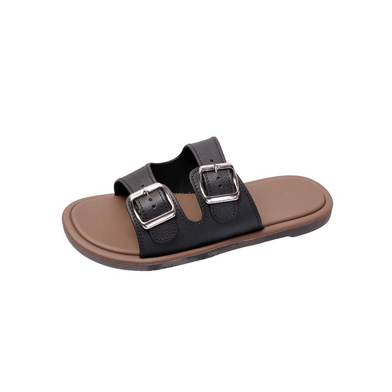Women's Summer Soft Bottom Double Strap Sandals - Trendy Square Buckle Beach Slippers
